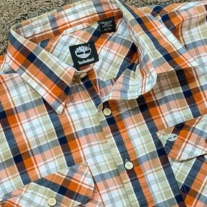 Timberland Shirt Men XL Button Down Cotton Short Sleeve Plaid Embroidered